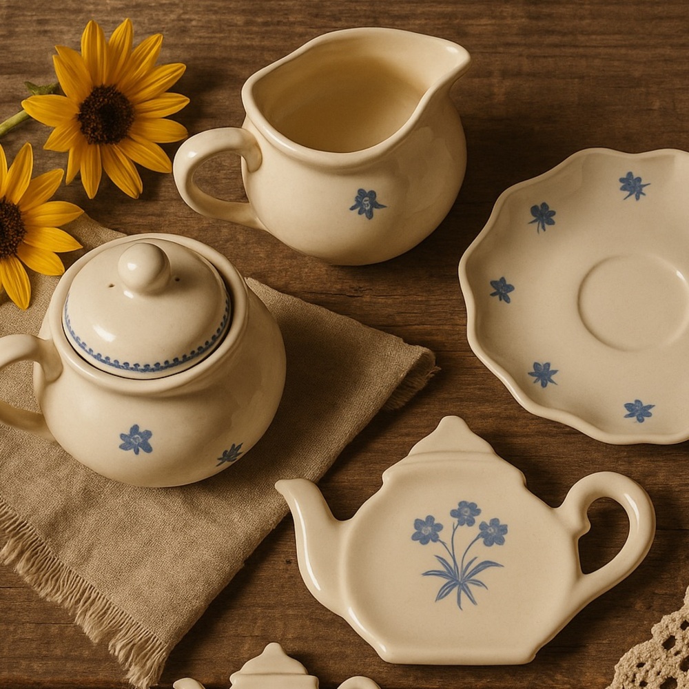 Crowning Touch Japan Blue Floral Tea Set Creamer, Sugar Bowl, Saucer Teapot Rest